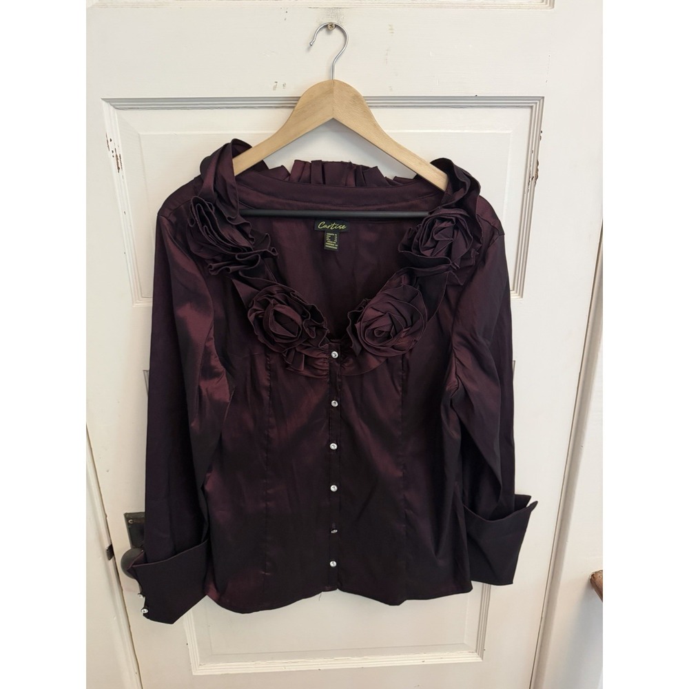 Cartise Women's Purple Floral Collared Button Down‎ Blouse French Cuffs Size 14